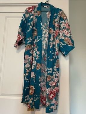 Teal Floral Kimono Robe with Pink & White Blooms 100% cotton made in Japan